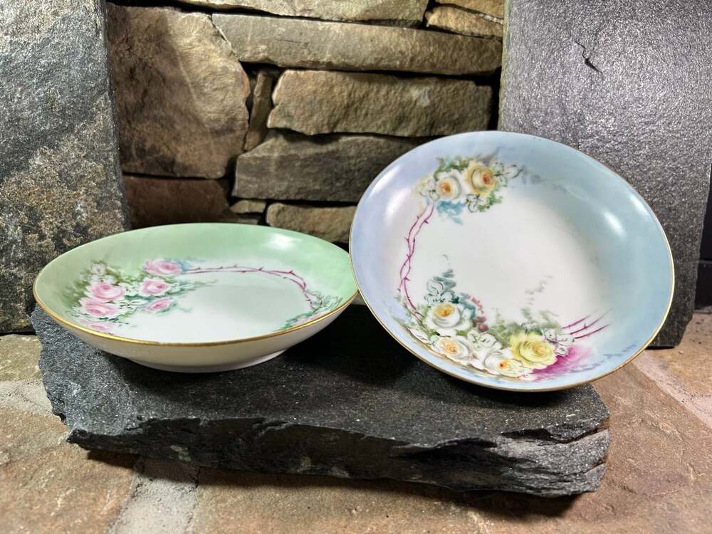 W.G. & cd Limoges France Tea Saucers blue & Green yellow/ pink roses
